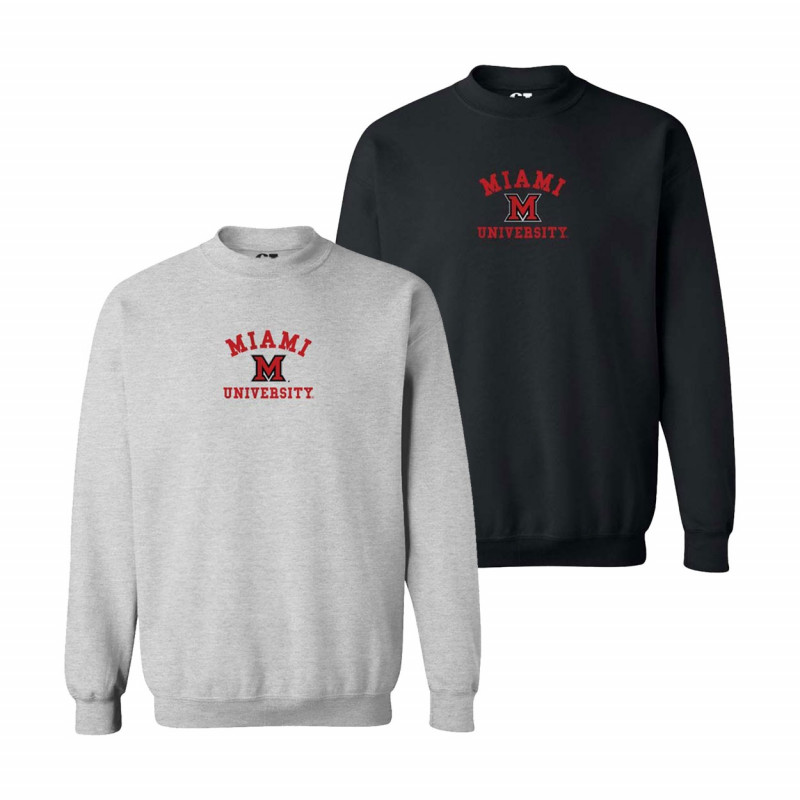 Miami University Block M Embroidered Crew, Ash or Black