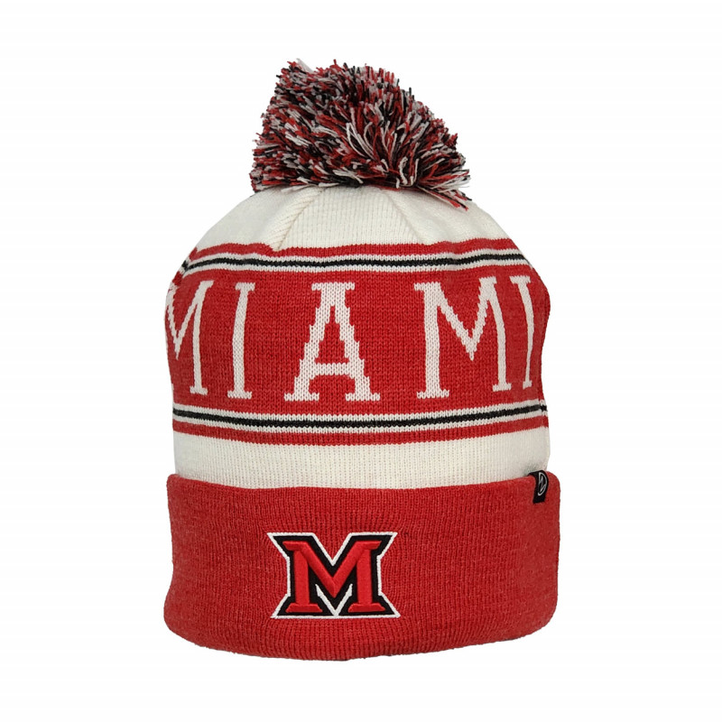 Zephyr Miami University Pom Knit Striped Beanie, Red/ White