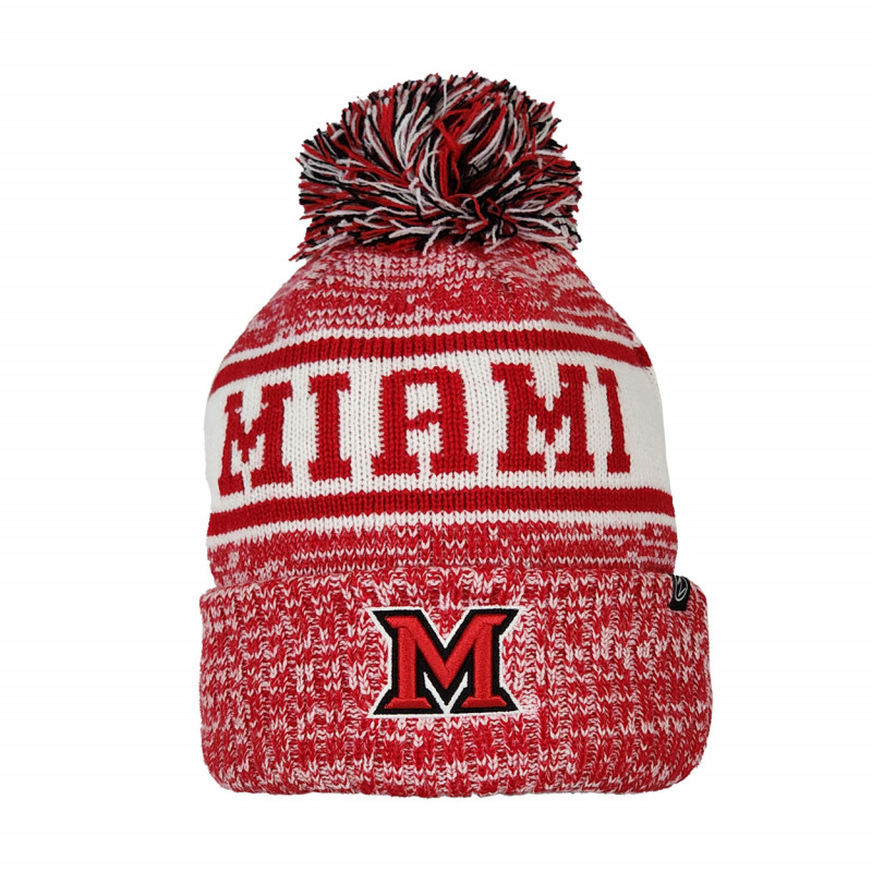 Zephyr Miami Univ. Block M Beanie w/ MIAMI & Pom, Red/ White