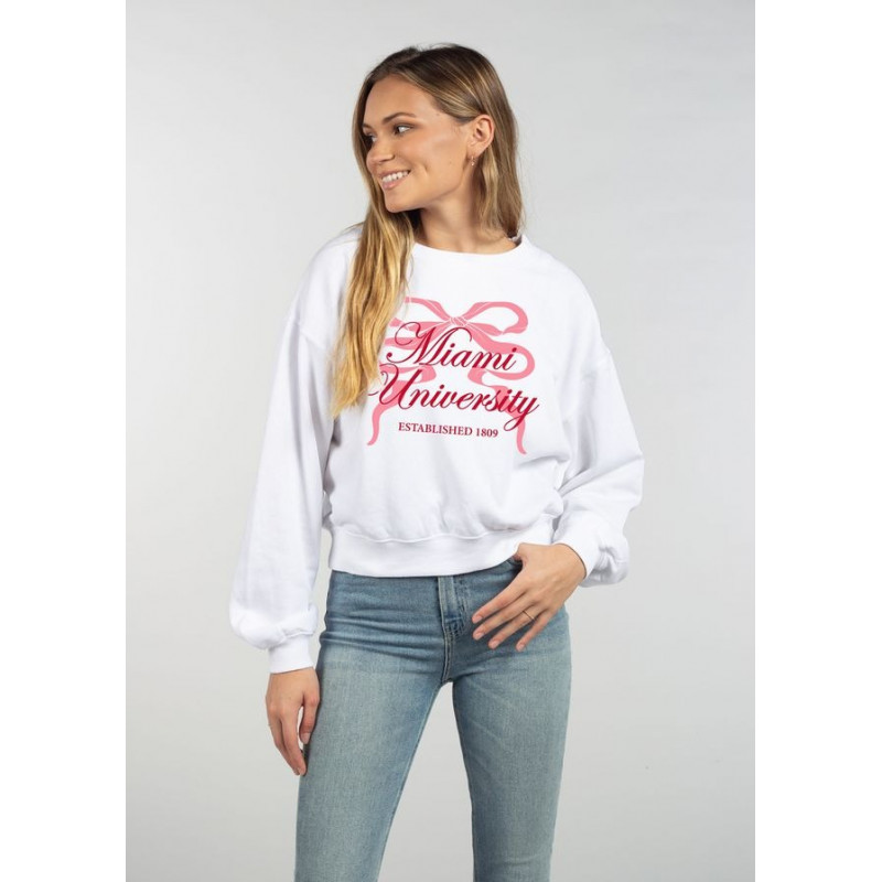 Women's White Campus Crop with Pink Ribbon