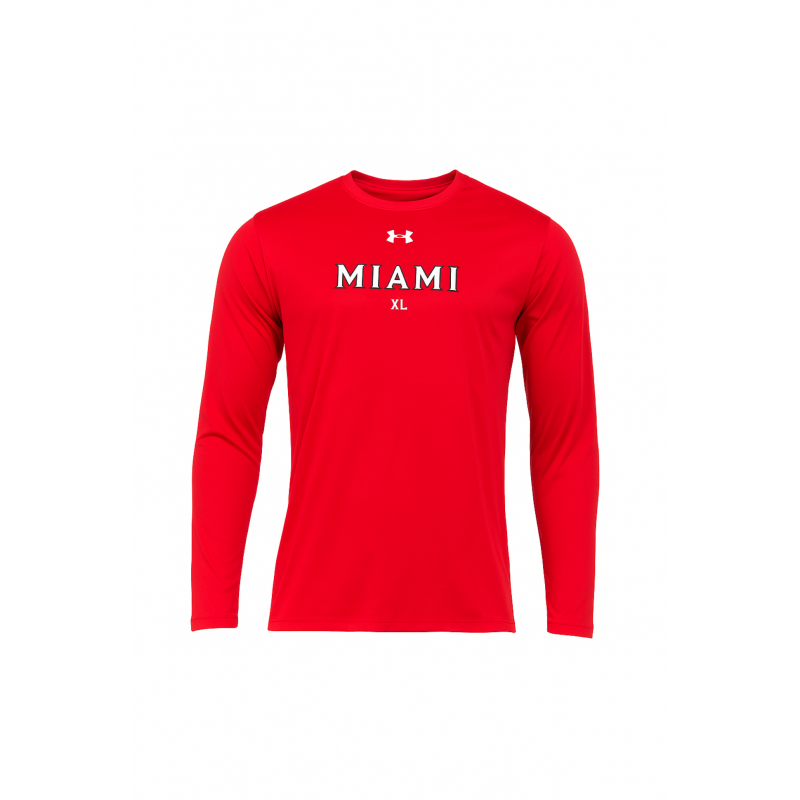 Red Tech Stretch Long Sleeve Tee with Miami over Block "M"