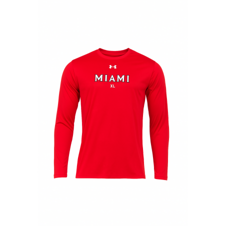 Red Tech Stretch Long Sleeve Tee with Miami over Block "M"