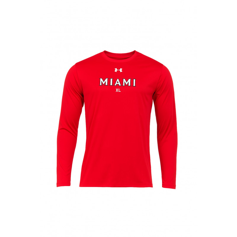 Red Tech Stretch Long Sleeve Tee with Miami over Block "M"