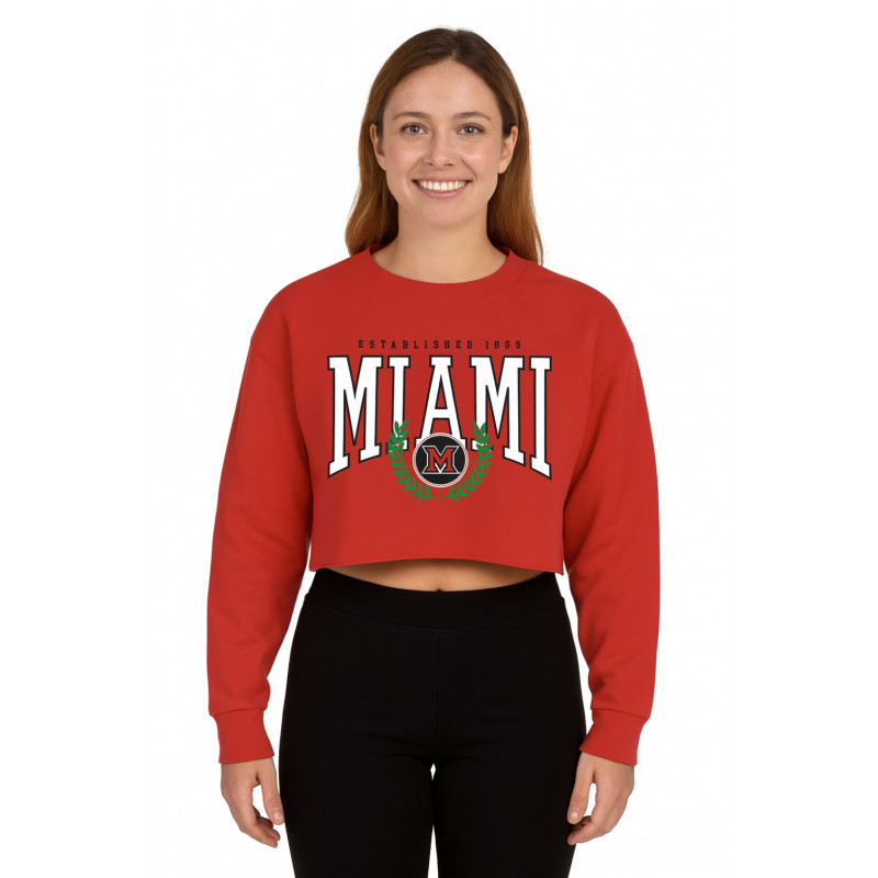 Women's Red Crop Crew Established 1809 with Green Laurels
