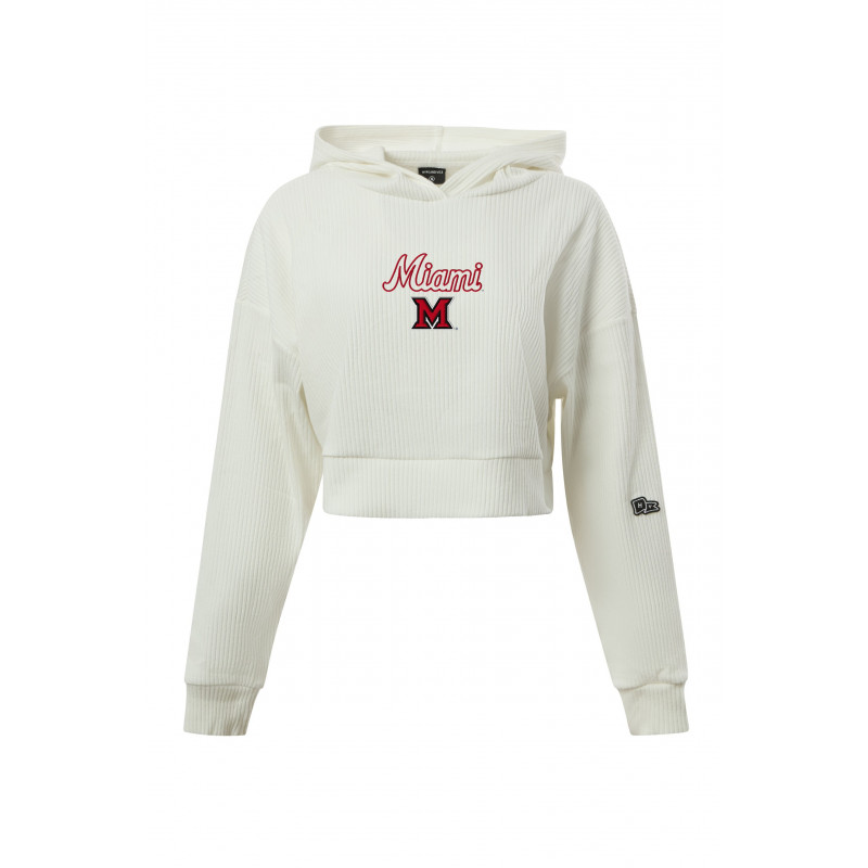 Women's White Cropped Hoodie with Script Miami over Block "M"